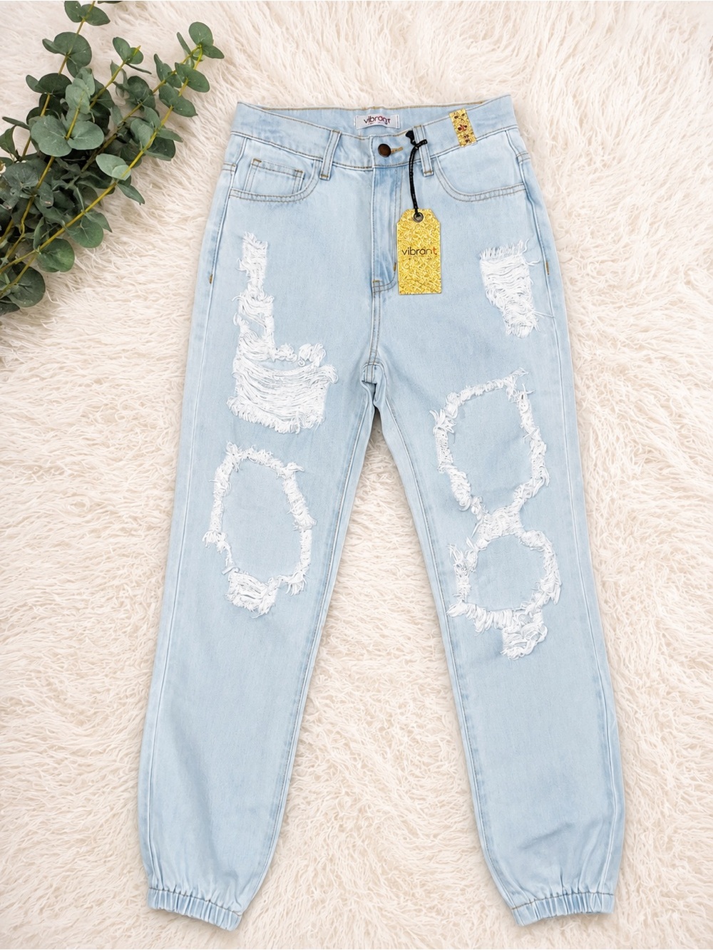 Vibrant Women’s Light Blue Distressed Denim Jogger Jeans Size S